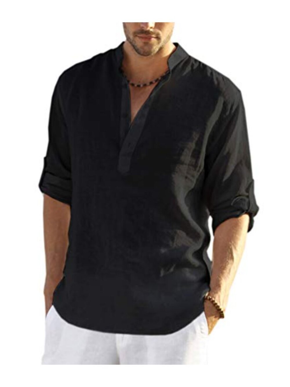 Cotton Linen Long Sleeve Henley Shirt 4-Button Button Down Casual Beach Tee